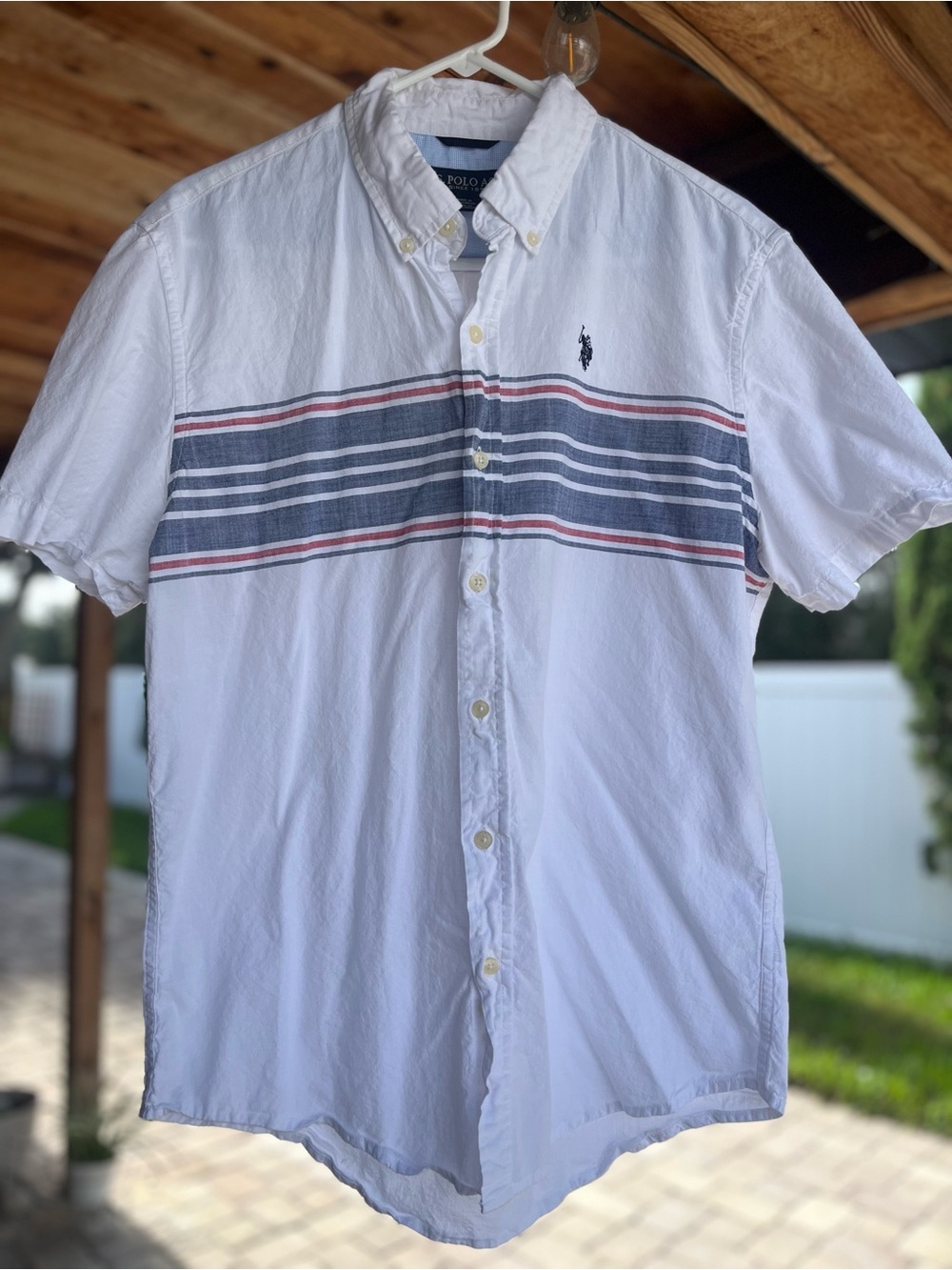 U.S. Polo Assn. White Short-Sleeve Button-Up Shirt with Navy and Red Stripes